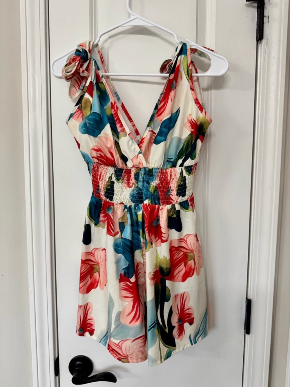 Womens Floral Tie-Shoulder One-Piece Romper in Cream and Coral